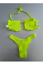 Women's Neon Green String-Tied Gathered Strapless Bikini Set HZL25S-LC2226