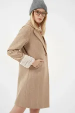 9145 Women's Furry Sleeved Herringbone Pattern Cashmere Coat - Biscuit
