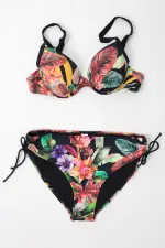 Women's Black Leaf Patterned Strappy High Waist Shapewear Bikini Set HZL24S-LC22625