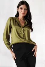 Kadın Yağ Yeşili Hafif Dökümlü Saten Yüzeyli Gömlek HZL22W-BD139641