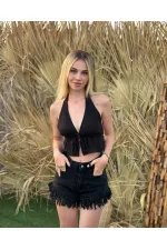 Kadın Siyah Boyundan Bağlamalı Sırtı Açık Keten Bluz HZL24S-ZK11081