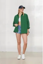 Kadın Zümrüt Yeşili Oversize Uzun Basic Gömlek HZL22W-BD139001