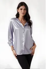 Kadın Gri Hafif Dökümlü Saten Yüzeyli Gömlek HZL22W-BD139641