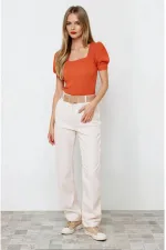 Kadın Oranj Kare Yaka Örme Bluz Hzl22w-bd104091