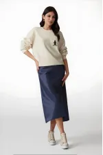 Kadın Lacivert Saten Yüzeyli Beli Lastikli Midi Boy Etek Hzl23s-bd1101471