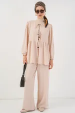 Ensemble deux pièces pour femme : tunique et pantalon à lacets sur le devant, réf. 6744 - Crème