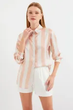 3964 Lightly Draped Striped Satin Shirt - Biscuit