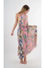 Kadın Çok Renkli Bloklu Yaprak Desenli Halter Yaka Kuşaklı Astarlı Uzun Elbise HZL24S-YY233