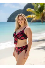 Women's Black and Burgundy Stone Embellished Plus Size Bikini Set HZL25S-LC3337