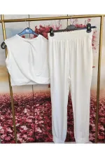 Kadın Beyaz Önü Düğümlü Alt-Üst İkili Şalvar Takım HZL23S-SND120141