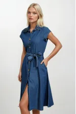 Kadın Denim Kısa Kollu Boydan Düğmeli Beli Kuşaklı Kot Gömlek Elbise Hzl22s-bd121761