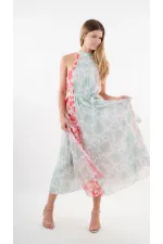 Kadın Kırmızı Yeşil Bloklu Yaprak Desenli Halter Yaka Kuşaklı Astarlı Uzun Elbise HZL24S-YY233