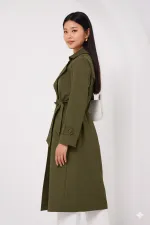 Women's Khaki Double-Breasted Belted Lined Trench Coat HZL25W-BD159181