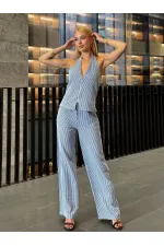 Kadın İndigo Çizgili Önü Fermuarlı Bluz Pantolon İkili Takım HZL25S-ZK13691