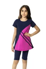 Maillot de bain fille bleu marine fuchsia à blocs de couleurs, manches mi-longues, 6-13 ans, HZL24S-AR1172-02