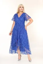 Kadın Saks Mavi Büyük Beden V Yaka Astarlı Dantel Detaylı Şık Abiye Elbise HZL26S-PR11071