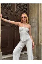 Kadın Beyaz Boyundan Bağlamalı Staplez Bluz HZL25S-ZK13581