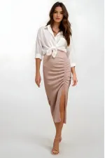 Kadın Bej Beli Lastikli Yırtmaçlı Uzun Etek HZL22S-BD118801