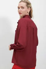 Kadın Bordo Fırfır Detaylı Uzun Kollu Şık Gömlek HZL25W-BD1202231