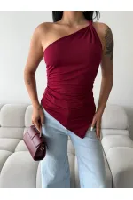 Kadın Bordo Tek Omuz Asimetrik Kesim Sandy Bluz HZL25S-FRY123241