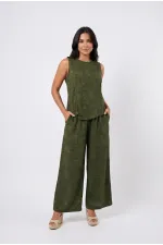 Women's Khaki Linen Textured Relaxed Fit Two-Piece Set HZL26S-VL15141 Women's Khaki Linen Textured Relaxed Fit Two-Piece Set HZL26S-VL15141