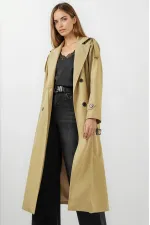 Kadın Yağ Yeşili  Kruvaze Yaka Astarlı Kemerli Mevsimlik Trençkot HZL25W-BD159411