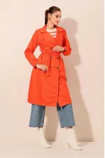 Women's Orange Double-Breasted Belted Unlined Seasonal Comfortable Trench Coat Hzl22s-bd158531