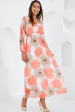Robe en mousseline de soie orange et beige à fleurs pour femme 2134