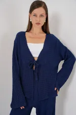 Women's Knitted Blouse and Pants Two-Piece Set 30052 - Navy Blue