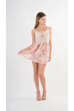 Robe courte ceinturée à col en V et motifs multicolores en satin pour femme HZL24S-YY250