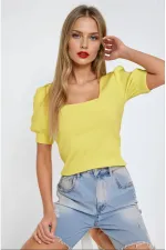 Kadın Sarı Kare Yaka Örme Bluz HZL22W-BD104091