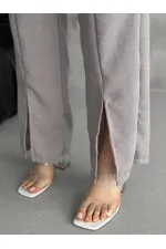 Kadın Gri Lastikli Bel Yırtmaç Detaylı Cepsiz İthal Keten Astarsız Pantolon HZL24S-FRY121941
