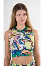 Kadın Yeşil Pembe Desenli Bluz Pantolon Takım HZL22S-YY298