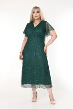 Kadın Zümrüt Yeşil Büyük Beden Kruvaze Yaka Payetli Abiye Elbise HZL26S-PR11171