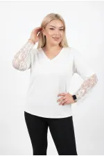 Women's White Plus Size V-Neck Lace Sleeve Blouse HZL26S-ZSS19661 Women's White Plus Size V-Neck Lace Sleeve Blouse HZL26S-ZSS19661