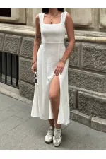 Kadın Beyaz Arkadan İp Bağlamalı Yırtmaç Detaylı Keten Elbise HZL25S-ZK11241