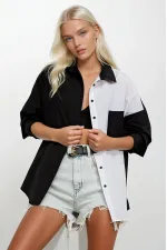 Kadın Siyah Beyaz Renk Bloklu Poplin Basic Gömlek HZL22S-BD1201161