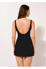 Kadın Siyah Sabit Askılı Çıkartılabilir Kap Büzgülü Eteklı Şortlu Elbise Mayo HZL24S-AR1906