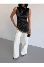 Women's Black Halter Neck Asymmetrical Cut Fringe Detail Satin Blouse HZL26S-FRY123911