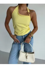 Kadın Sarı Ottoman Kumaş Halter Yaka Toka Detay Bluz HZL26W-FRY123321
