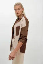 Kadın Kahverengi Krem Renk Bloklu  Poplin Basic Gömlek HZL22S-BD1201161