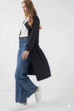 Kadın Lacivert Kruvaze Yaka Kuşaklı Astarlı Trençkot HZL25W-BD159181