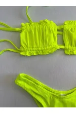 Women's Neon Green String-Tied Gathered Strapless Bikini Set HZL25S-LC2226