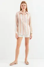 3964 Lightly Draped Striped Satin Shirt - Biscuit