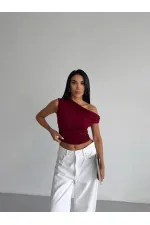 Kadın Bordo Yandan Drapeli Kayık Yaka Sandy Bluz HZL25S-FRY123201