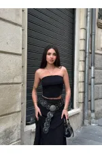 Kadın Siyah Astarlı Dantel Straplez Bluz HZL25S-ZK11251