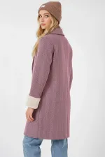 Manteau en cachemire à chevrons et manches fourrées pour femme 9145 - Bordeaux