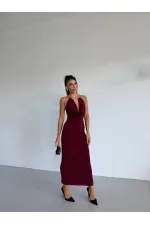 Kadın Bordo Boyundan Aksesuarlı Yandan Yırtmaçlı Midi Boy Sandy Elbise HZL26S-FRY123841