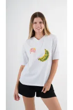 Women's White Yellow Banana House Printed Crew Neck T-Shirt HZL24S-YY302