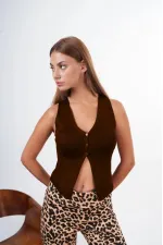 Kadın Kahverengi Düğmeli Crop Triko Yelek HZL24S-ZK10231